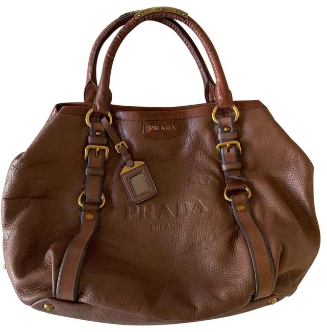 Prada Vitello Daino Large Antique Gold Brown Leather Satchel