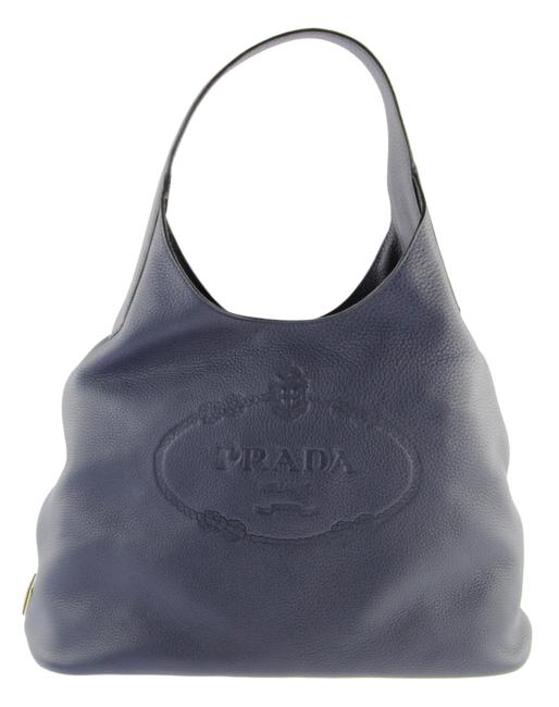 Prada Vitello Daino Logo Navy Blue Leather Hobo Bag