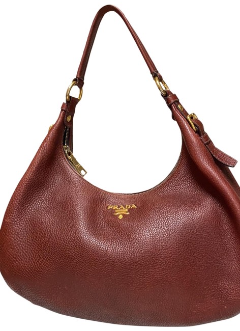 Prada Vitello Daino Maroon Pebble Leather Hobo Bag