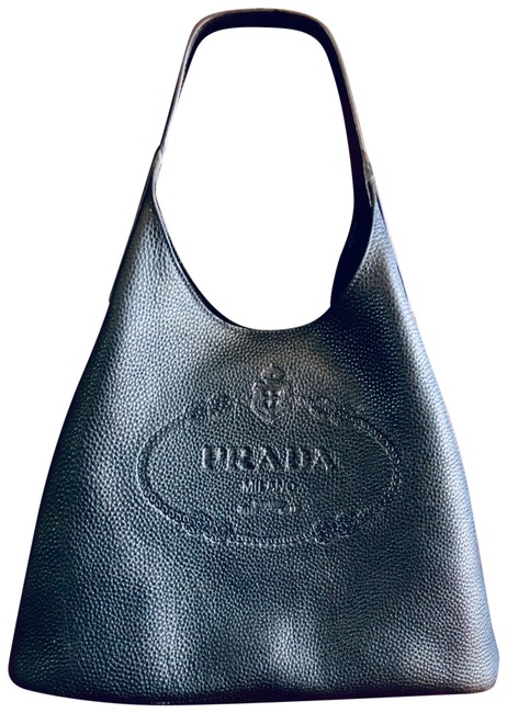 Prada Vitello Daino Nero with Embossed Logo Black Leather Hobo Bag