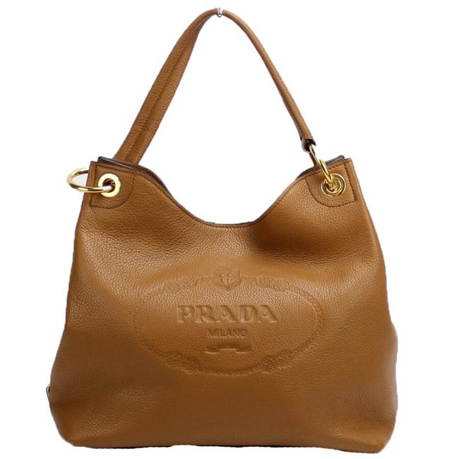 Prada Vitello Daino New Black Embossed Logo 1bc051 Brown Leather Hobo Bag