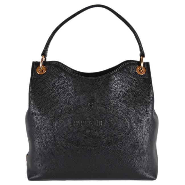 Prada Vitello Daino New Embossed Logo Tote Black Leather Hobo Bag