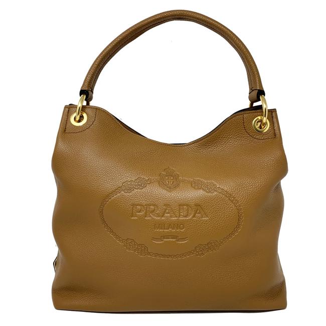 Prada Vitello Daino Shoulder New Embossed Logo Brown Leather Hobo Bag
