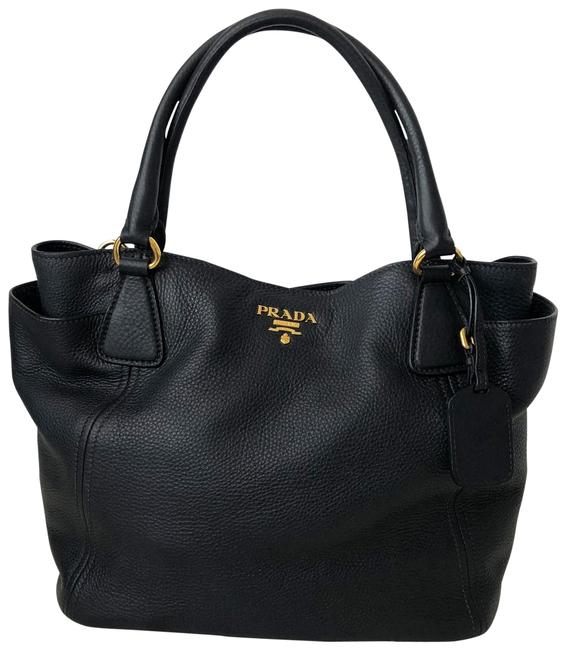Prada Vitello Daino Side Pocket Tote Black Leather Hobo Bag