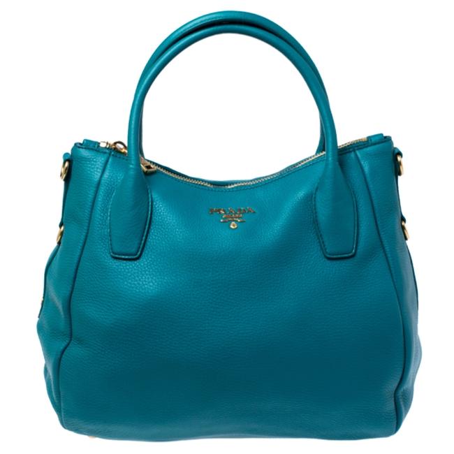 Prada Vitello Daino Teal Sacca 2 Manici Green Leather Hobo Bag