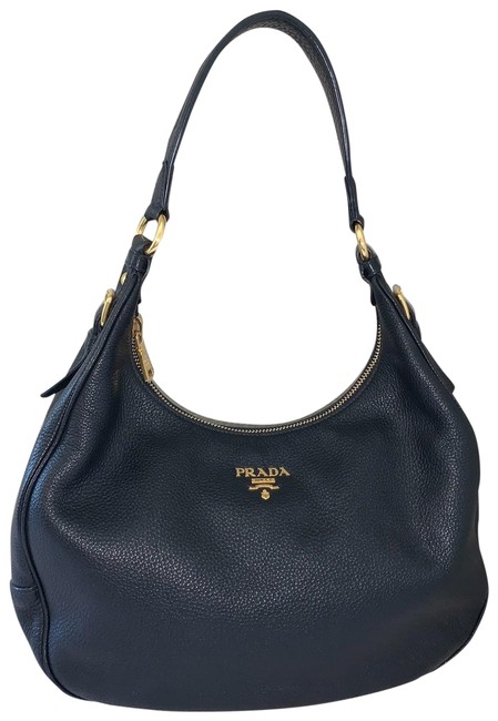 Prada Vitello Daino Zip Top Black Hobo Bag