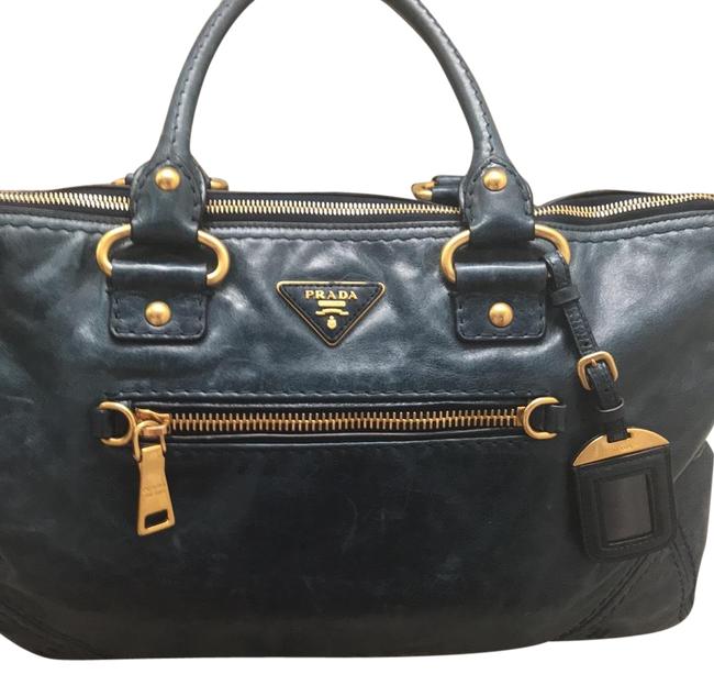 Prada Vitello Shine with Gold Tone Hardware and Feet Blue Leather Satchel