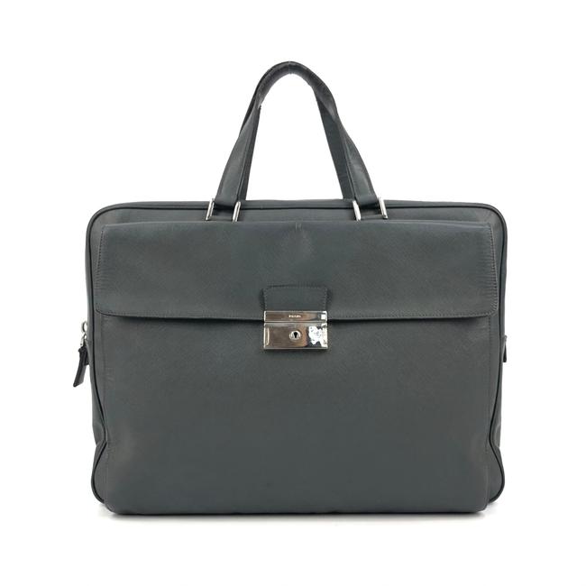 Prada W Saffiano Briefcase  Business  Handbag Logo Grey Leather Satchel