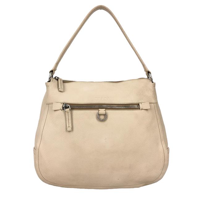 Prada W Womens  Handbag Logo Beige Leather Hobo Bag