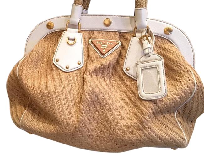 Prada White Framed Jute Leather  Satchel