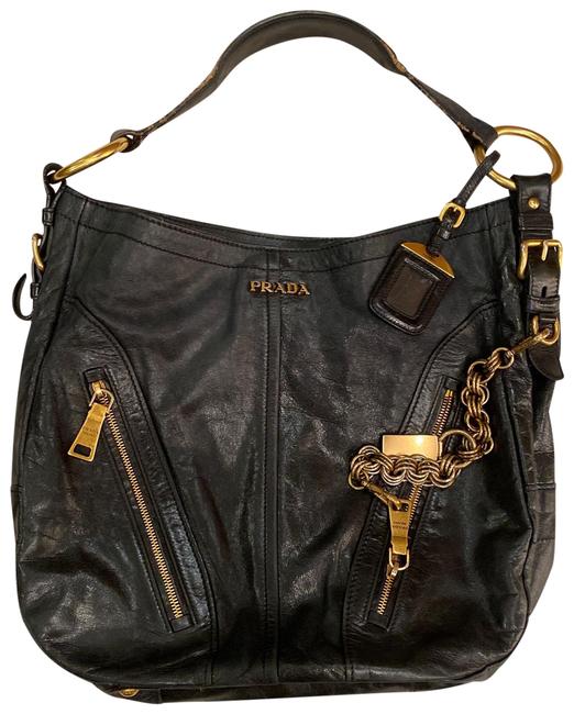 Prada With Gold Black Calfskin Leather Hobo Bag