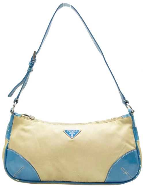 Prada With Leather Trim Evening Purse BeigeBlue Nylon Satchel