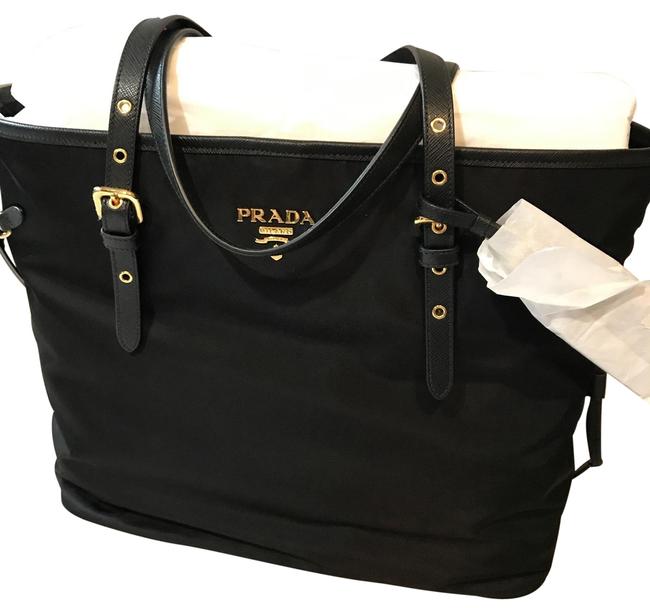Prada With Trim Black NylonSaffiano Leather Hobo Bag