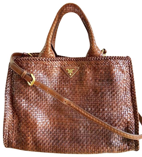 Prada Women Knitting Brown Leather Satchel