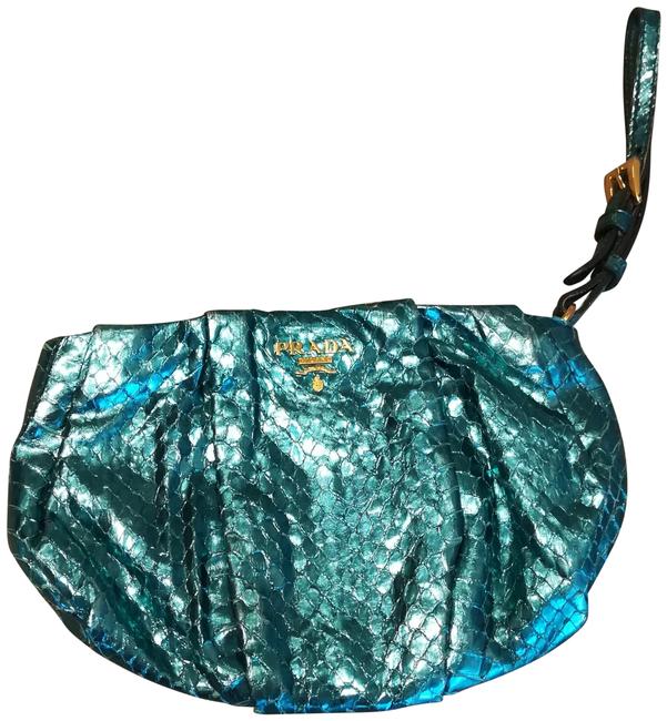 Prada Wristlet Metallic Teal Python Skin Leather Clutch