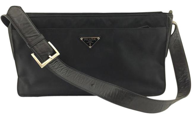 Prada #11146 Black Leather Nylon Long Shoulder Bag