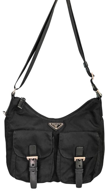 Prada 2 Front Buckles Black Nylon Shoulder Bag