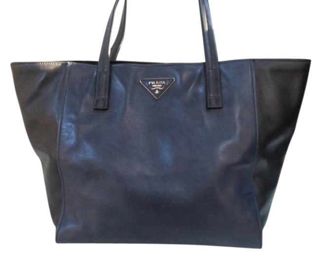 Prada Tote 2014 Soft Calf Shopping Bicolor Black Leather Shoulder Bag