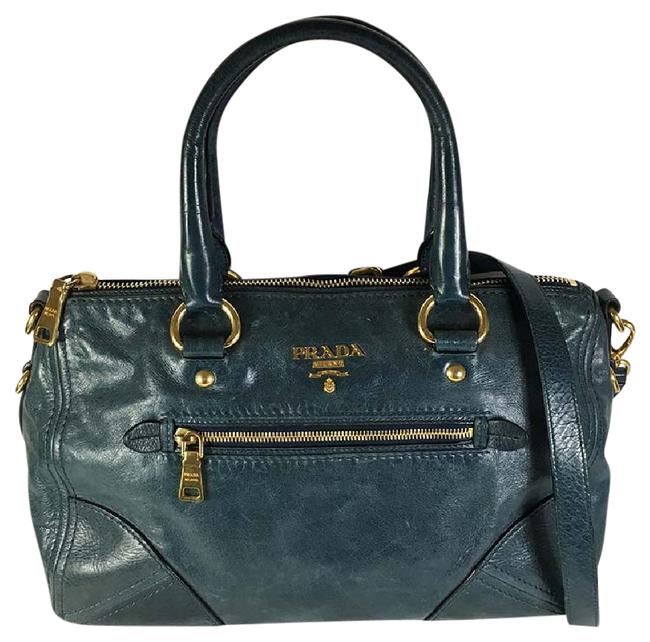 Prada 2way Aged Tote Blue Leather Shoulder Bag