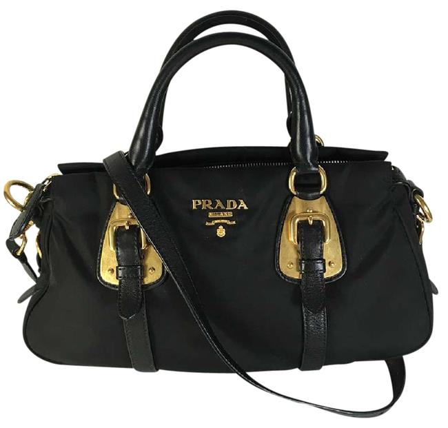 Prada 2way Nylon Golden Hw Tote Black Leather Shoulder Bag