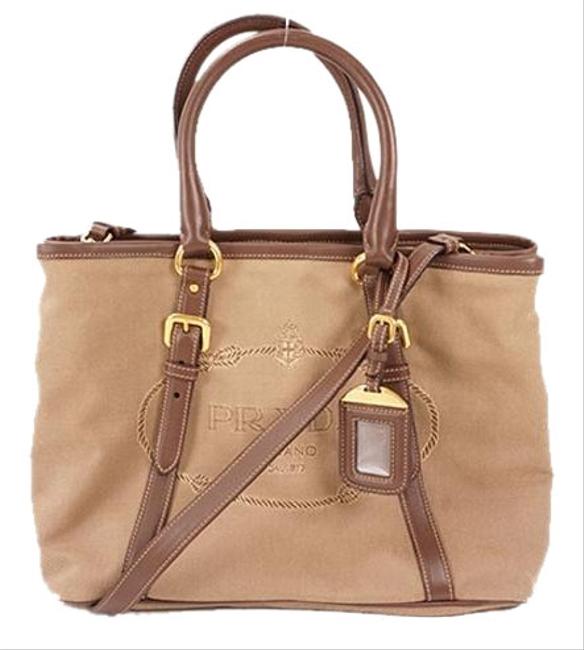 Prada 2way Testsuit Khaki Silver Hardware Beige Canvas Shoulder Bag