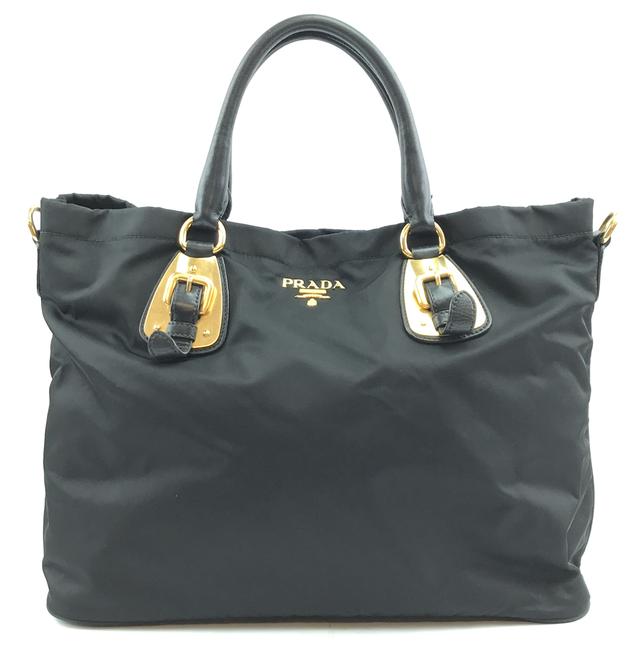 Prada #30857 Rare Tessuto Tote Handbag Black Nylon Shoulder Bag