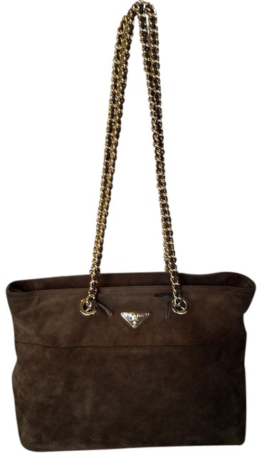 Prada And Chain Brown Suede Leather Shoulder Bag