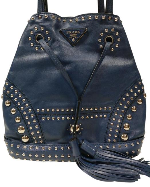 Prada Bucket B5061m Soft Calf Studded Tassel Blue Leather Shoulder Bag