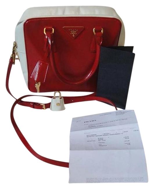 Prada Messenger Bauletto  Patent Leather Red and White Canvas Shoulder Bag