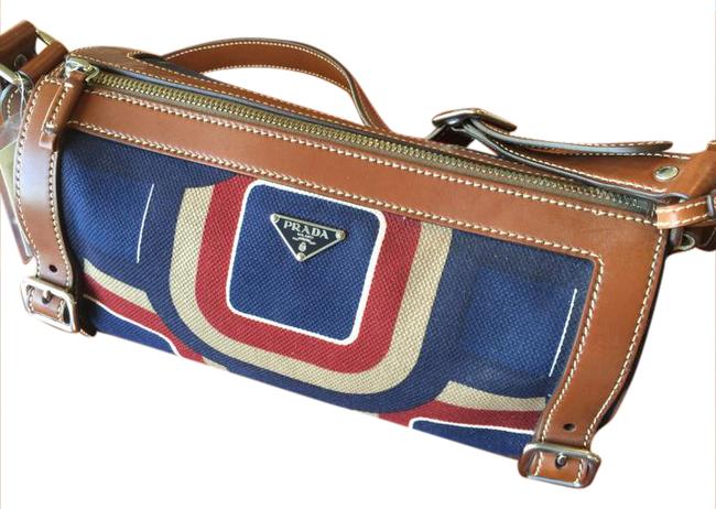 Prada Bauletto NavyBurgandyTan Heavy Cotton Weave Shoulder Bag