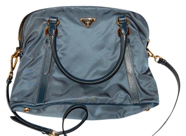 Prada Bauletto Tessuto And Blue Nylon with Leather TrimStrap Shoulder Bag