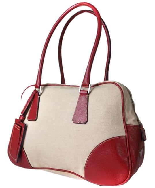 Prada Beige Red Canvas Leather Shoulder Bag