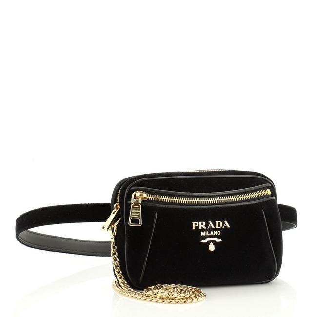 Prada Belt Convertible Small Black Velvet Shoulder Bag