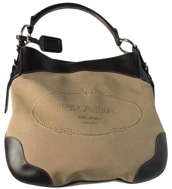 Prada BiegeBrown Canvas Leather Shoulder Bag