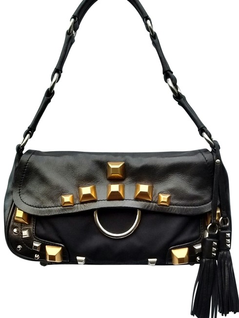 Prada Black Leather  Nylon Shoulder Bag