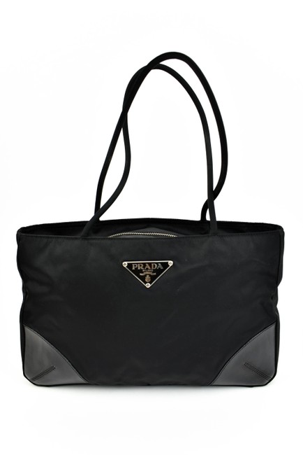 Prada Black Leather Vela Nylon  Logo M Tote  Shoulder Bag
