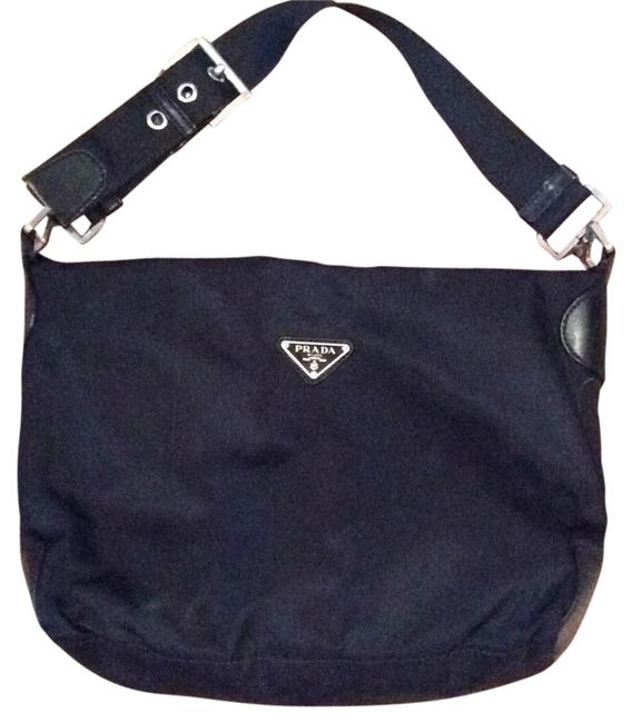 Prada Black with Silver Accents Nylon  Leather Shoulder Bag