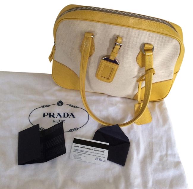 Prada Blower Yellow Cream Leather Canvas Shoulder Bag