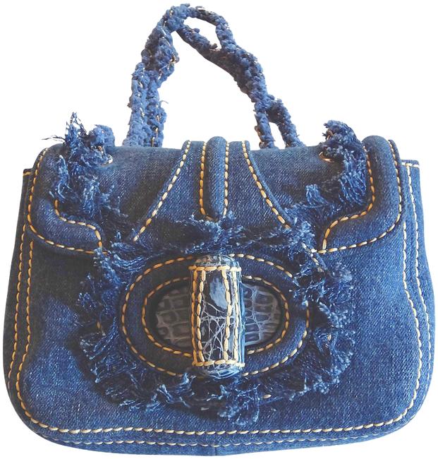 Prada Blue Denim with Crocodile Turnlock Shoulder Bag