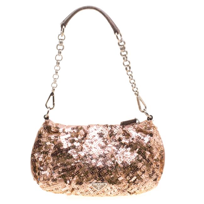 Prada Blush PinkBronze Sequin Pink Satin and Embellishment Shoulder Bag