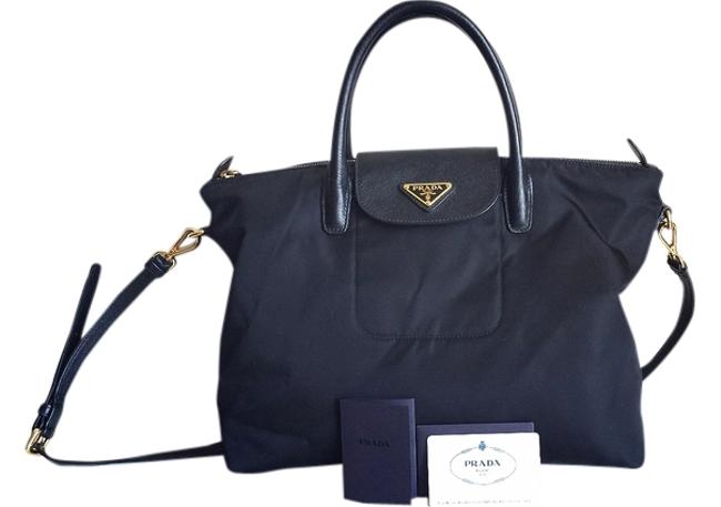 Prada Bn2541 Tessuto Black Saffian Leather and Nylon Shoulder Bag