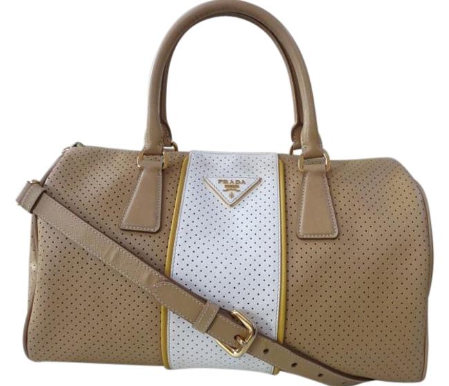 Prada Boston 2 Way Fori Beige Leather Saffiano Shoulder Bag