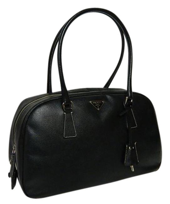 Prada Boston Zip Satchel Black Saffiano Learher Shoulder Bag