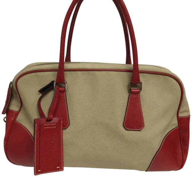 Prada Bowling Red Leather And Beige Canvas Shoulder Bag