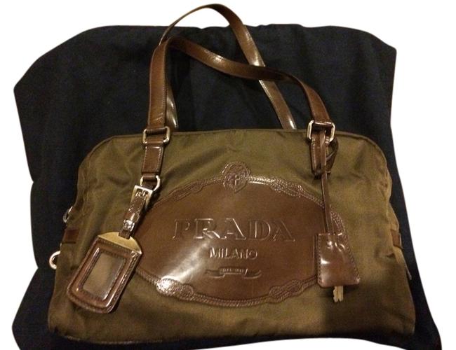 Prada Brown Green Leather Nylon Shoulder Bag