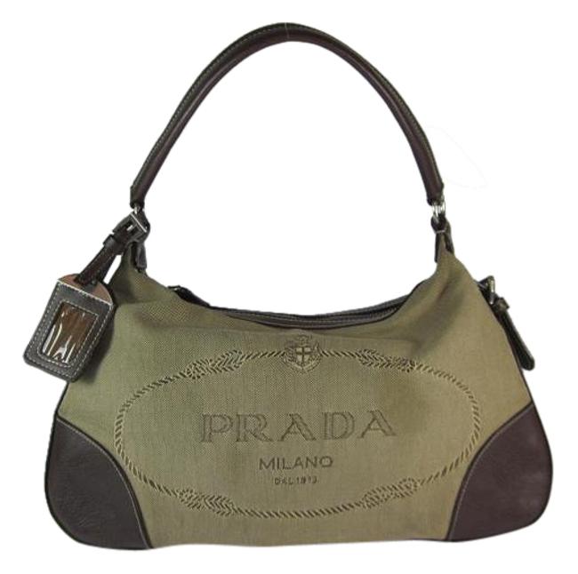 Prada Brown Logo Leather  Canvas Shoulder Bag