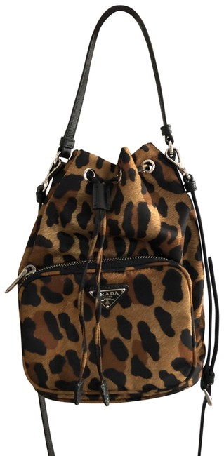 Prada Bucket Drawstring Leopard Print NylonLeather Shoulder Bag