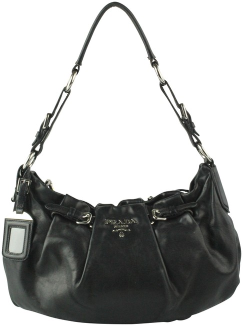 Prada Buckle Pleated Black Leather Shoulder Bag