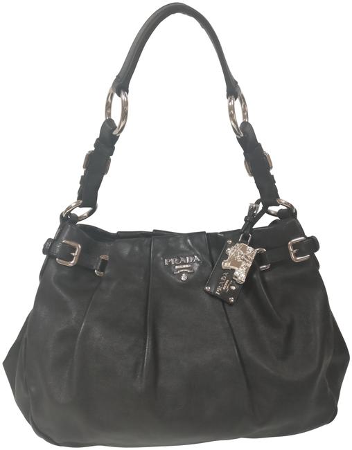 Prada Hobo Buckle Pleated Black Leather Shoulder Bag
