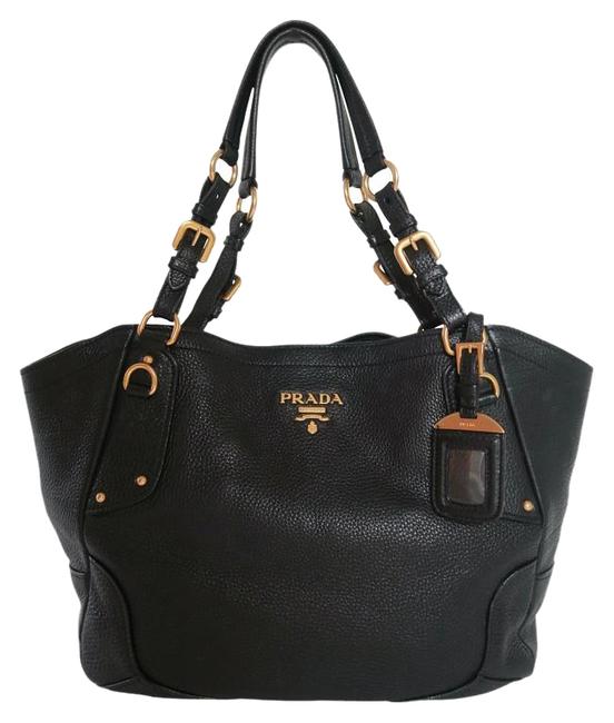 Prada Vitello Daino Buckle Strap Medium Black Leather Shoulder Bag